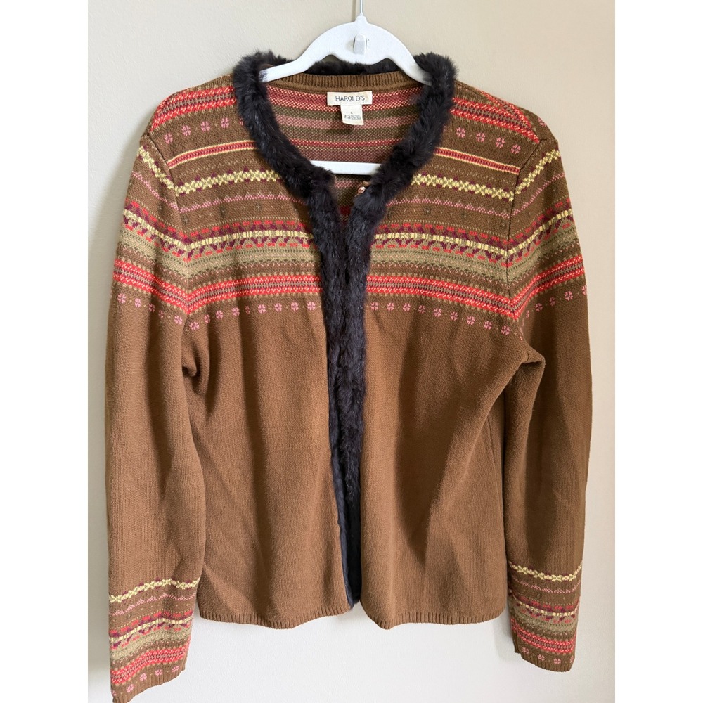 Harold's Brown Knit Cardigan with Faux Fur Trim Size Large Vintage